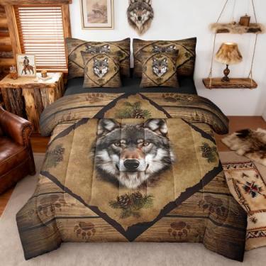 Imagem de Jogo de cama Queen com estampa de cabeça de lobo 3D, animal selvagem, cabana e cabana para crianças e adolescentes e adultos de todas as estações (lençol de cima, 2 fronhas, 2 fronhas) 7 peças