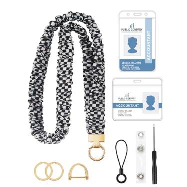 Imagem de SOPHIYAYA Cordão elástico elástico para crachás de identificação, cordão de professor fofo para mulheres com 2 porta-crachás transparentes (xadrez preto e branco)