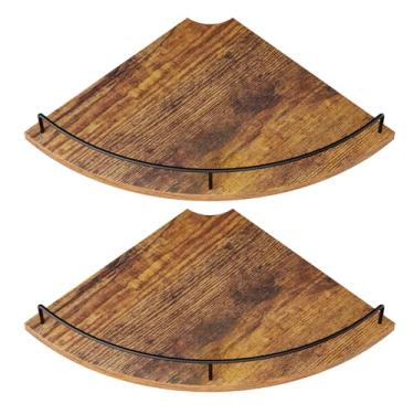 Imagem de FNBAR Prateleiras flutuantes de canto, madeira marrom rústica, conjunto de 2, armazenamento de parede com corrimão para banheiro, cozinha, sala de estar