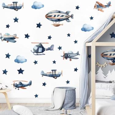 Imagem de Adesivos de parede de aviões, decalques de parede de aviões para quarto de crianças, helicópteros, aeroportos, nuvens, decoração mural de estrelas, adesivo removível de helicóptero para quarto de