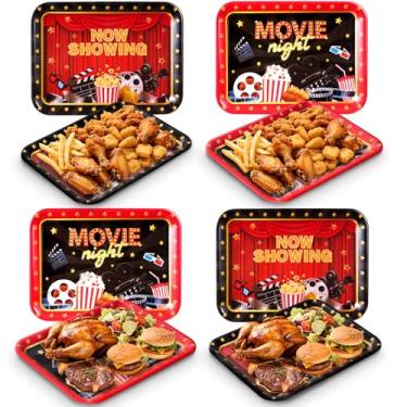 Imagem de Vesici Pacote com 4 bandejas de melamina para noite de cinema, pratos retangulares de lanche de cinema de 33 x 25 cm com designs de pipoca e filme, pratos de servir duráveis para home theater, festas