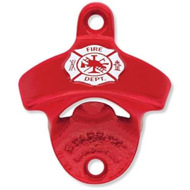 Imagem de STARR Abridor de garrafas montado na parede original Red Firefighter, abridor de garrafas de ferro fundido revestido a pó americano com parafusos, suporte de parede estilo vintage para bar, garagem