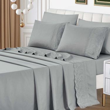 Imagem de Jogo De Lençol Lummi King 4 Peças Percal 300 Fios Bordado Inglês Macio - Cinza - 100% Poliéster
