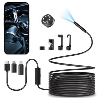 Imagem de Câmera endoscópica com luz, câmera boroscópio HD 1920p, cobra impermeável IP67, ferramenta de inspeção semirrígida de 5 metros com 8 luzes LED, boroscópio para iPhone/Android (Micro-USB/Tipo-C