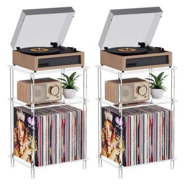 Imagem de Bekugee Conjunto de 2 suportes para toca-discos de acrílico transparente com armazenamento de vinil, 40 cm C x 30 cm L x 62 cm A, prateleira de álbum de mesa giratória lateral pequena de 3 andares