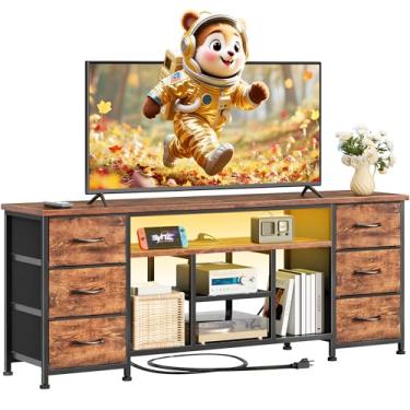 Imagem de Furologee Suporte de TV LED para TV de 55, 60 polegadas, centro de entretenimento de 55 polegadas com tomadas, 6 gavetas de tecido para quarto, console de mídia com prateleiras abertas, marrom rústico