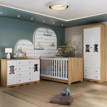 Imagem de Quarto de Bebê Completo com Berço Americano 3 em 1 Doçura Multimóveis Mp4658 Madeirado/branco