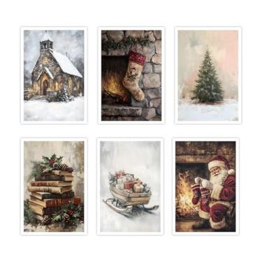 Imagem de Conjunto de 6 peças de arte de parede de Natal rústico para decoração de parede de Papai Noel em tela de pinheiro para decoração de sala de estar para quarto de rena impressões de Natal 20 x 30 cm não