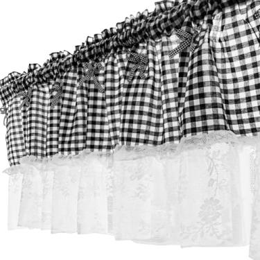 Imagem de Saia de cortina xadrez buffalo, xadrez preto com acabamento em renda, estilo guingão com babados e laço, ideal para cozinha, banheiro ou café, 106 x 45 centímetros