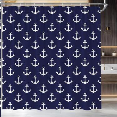 Imagem de Cortina de chuveiro náutica âncora azul marinho branco litoral oceano praia homens meninos conjunto de decoração de banheiro, 178 x 177 cm