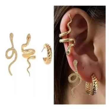 Imagem de Brincos Kit 3 Feminino Pressão Cobra Serpente Enrolada Ouro - TOTAL