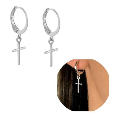 Imagem de Brinco De Cruz Feminino Argola Crucifixo Aço Inox - TOTAL