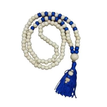 Imagem de Japamala Tradicional de Madeira, 108 Contas Branco e Azul, com Tassel Decorativo para Meditação e Hooponopono, Cordão Sagrado Estilo Clássico para Mantras