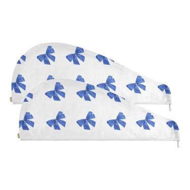 Imagem de SEHANY Linda toalha de cabelo de microfibra com laço azul para mulheres, 2 peças, turbantes de cabelo de secagem rápida com botão, touca de cabelo seco absorvente toalha de secagem de cabelo para