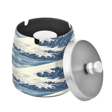 Imagem de Blueangle Cinzeiro de ondas japonesas com tampa para cigarros, à prova de vento/chuva, aço inoxidável, sem fumaça, inodoro, cinzeiro para uso interno ou externo (114)