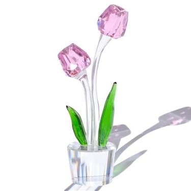 Imagem de Arikyrist Estatuetas de flores de tulipas rosa cristal, buquê de vidro, presentes colecionáveis para sua esposa, Dia dos Namorados, aniversário, Natal, centros de mesa para decoração de casa