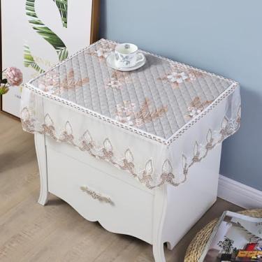 Imagem de Toalha de mesa de cabeceira retangular pequena bordada floral com acabamento em renda capa de mesa de cabeceira rústica de casa de fazenda pano de algodão para decoração de mesa de quarto - cinza 51 x