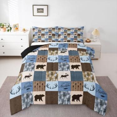 Imagem de Erosebridal Conjunto de edredom rústico de veado, tamanho casal, urso, patchwork, para crianças, adolescentes e adultos, alce, floresta, xadrez, decoração de Natal, azul e marrom