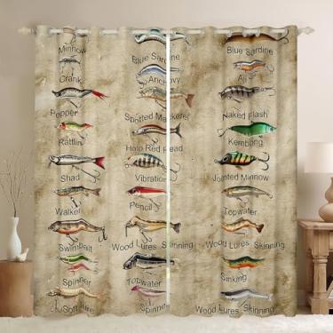 Imagem de Cortinas blackout 50% de pesca rústica 106 cm L x 153 cm C Cortinas de janela de peixe para cabana de fazenda isca de pesca robalo cortinas escurecimento de peixe país lago casa tratamentos de janela