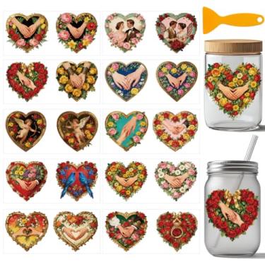 Imagem de arricraft 10 folhas com tema do Dia dos Namorados UV DTF Cup Wraps, 10 estilos de mãos dadas coração amor flor PVC adesivos de transferência impermeáveis para copos de vidro de 473 g artesanato 24 x