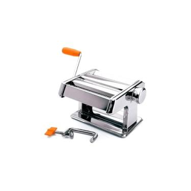 Imagem de Máquina de Massas em Aço Inox, Manual, Versátil, com Cilindro Liso Regulável, Cilindro Cortador, Manivela Removível, Trava de Mesa, 20cm x 15cm x 12,5cm
