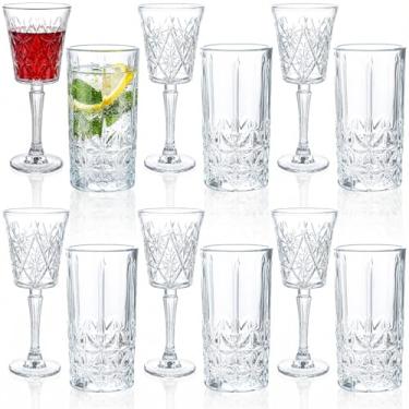 Imagem de Uiifan Conjunto de 12 copos para beber, 6 copos Highball de 340 g, 6 taças de vidro transparentes de 293 ml, copos vintage texturizados para coquetel, chá, água, cerveja, refrigerante, bebidas