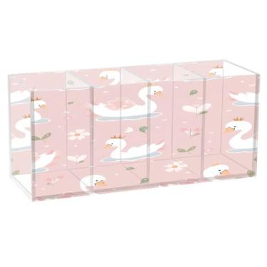 Imagem de Qilmy Lindo suporte de caneta de acrílico cisne de desenho animado, 3 compartimentos, porta-lápis transparente para mesa, organizador de pincéis de maquiagem, copo organizador de lápis para material