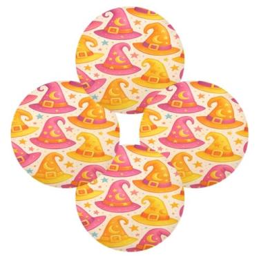 Imagem de Wassud Jogo americano conjunto de 4 chapéus de bruxa caprichosos tapetes de mesa redondos para cozinha e jantar tapetes laváveis resistentes ao calor decoração de mesa 39 cm