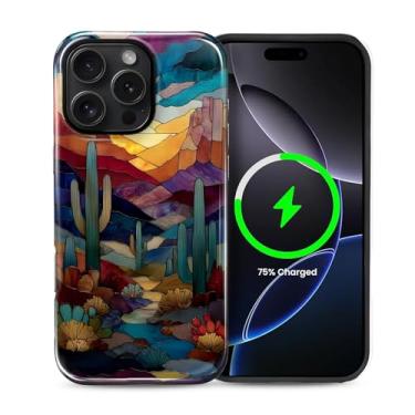 Imagem de MQJCYB Capa magnética para iPhone 16 Pro, compatível com MagSafe Hybrid Heavy Duty 2 em 1, proteção robusta à prova de choque, brilhante, vitral, cacto, deserto, oeste