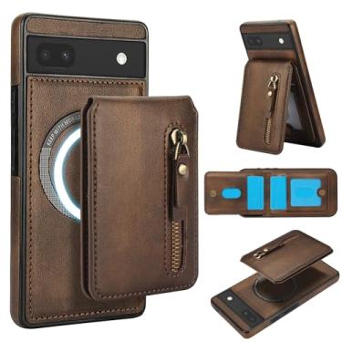 Imagem de Carteira removível compatível com carregamento sem fio Magsafe para Google Pixel 6A com suporte para cartão, bolso com zíper, suporte 2 em 1 à prova de choque (marrom)