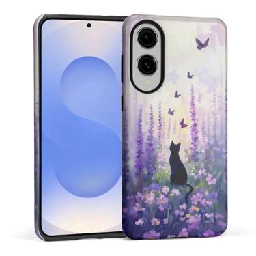 Imagem de XUANWENPA Capa para Samsung Galaxy S25 Edge, com um design rígido de proteção de duas camadas mistas com padrões brilhantes, borboleta lavanda e gato.