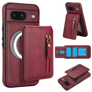 Imagem de Carteira removível compatível com carregamento sem fio Magsafe para Google Pixel 8 com suporte para cartão, bolso com zíper, suporte 2 em 1 capa à prova de choque (vinho)