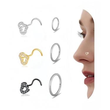 Imagem de Conjunto de piercing de nariz de 18 g e pino de nariz de 20 g, clipe de dobradiça de aço inoxidável cirúrgico 316L de baixa alergia, anel de nariz segmentado em espiral, disponível em ouro, prata e