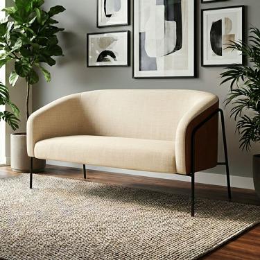 Imagem de Sofá 2 Lugares Stella Industrial Alta Preta Sintético PU Nozes Linho Bege D03 - D'Rossi