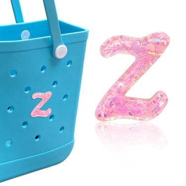 Imagem de HLUWA Berloques de letras para bolsa Bogg, alfabeto itálico rosa lantejoulas acessórios para Bogg e Simply Southern Bag, pingente de letras decorativas para bolsa de praia (Z)