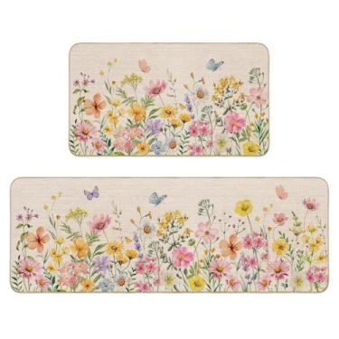 Imagem de Mocsicka Conjunto de 2 tapetes florais de primavera para decoração de cozinha de casa de primavera, antiderrapante, lavável, flores coloridas, tapete de porta, tapete de cozinha, 43 x 76 e 43 x 128 cm