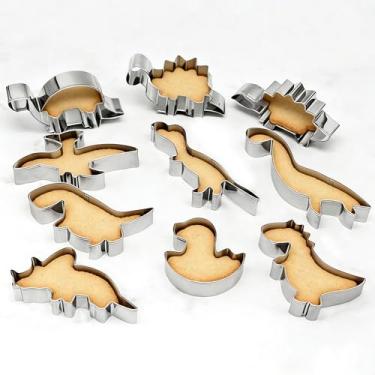 Imagem de 10 peças de cortadores de biscoito de dinossauro, conjunto de moldes de biscoito de aço inoxidável, moldes para máquina de cortar doces e alimentos, cozinha, assar, artigos infantis para festas de