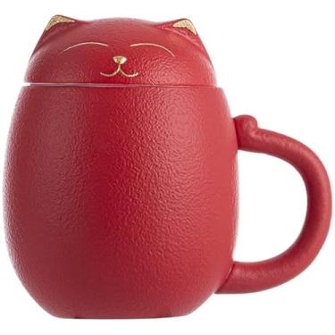 Imagem de Caneca de infusão de cerâmica com tampa, xícara de chá de gato fofo com infusor, xícara de chá Kawaii em cerâmica para imersão de folhas soltas, bule de chá de porcelana feito à mão para amantes de