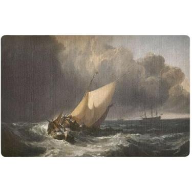 Imagem de TSENQUE Tapete de porta divertido personalizado J. M. W. Turner com estampa de barcos holandeses Gale Seascape Capacho, entrada interna, tapete antiderrapante para casa, lavável, 81 cm x 50 cm