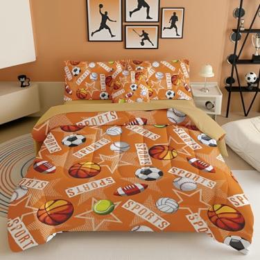 Imagem de Jogo de cama esportivo infantil – Conjunto de edredom completo de 6 peças com estampa de futebol, basquete, futebol e beisebol, cama em uma bolsa divertida para decoração de quarto de meninos, macio e