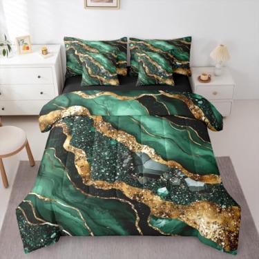 Imagem de Erosebridal Jogo de cama King mármore dourado verde escuro em uma bolsa com lençóis, estética, conjunto de edredom para crianças e adultos, conjunto de cama abstrata em aquarela