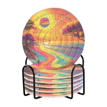 Imagem de Conjunto colorido Fantasy World de 6 porta-copos redondos com rack de armazenamento preto porta-copos de mesa de centro