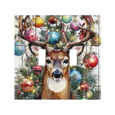 Imagem de Placa de parede com padrão de rena de árvore de Natal colorida, interruptor duplo, painel decorativo, placa de tomada elétrica adequada para banheiro, cozinha, sala de estar, quarto