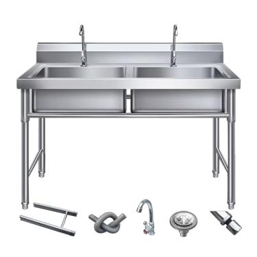 Imagem de Pia de cozinha de tigela dupla comercial, pia comercial de aço inoxidável com 2 compartimentos, pias utilitárias de aço inoxidável, para restaurante, cozinha, lavanderia, garagem (100 x 50 x 80 cm)