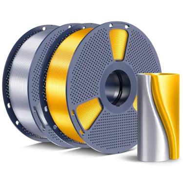 Imagem de Filamento PLA+ de seda 1,75 mm, acabamento brilhante cromado, textura de seda suave, fórmula atualizada para impressão estável, filamento de impressora 3D PLA Plus de 2 kg, ouro + prata