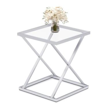 Imagem de CAFOM Mesa de canto quadrada com tampo de vidro temperado, moldura de metal elegante em forma de X, mesa de centro de sala de estar, mesa lateral de sofá, mesas de destaque para espaços pequenos, mesa