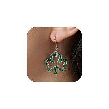 Imagem de Brincos femininos de trevo de Dia de São Patrício com glitter, brincos de trevo verde dourado oco para festivais irlandeses, brinco de dia de São Patrício para mulheres, Large, Metal, Sem pedra