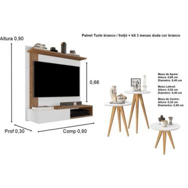 Imagem de Kit Painel TV até 32P Dallas Branco / Freijó e 3 Mesas Pés Palito Bran