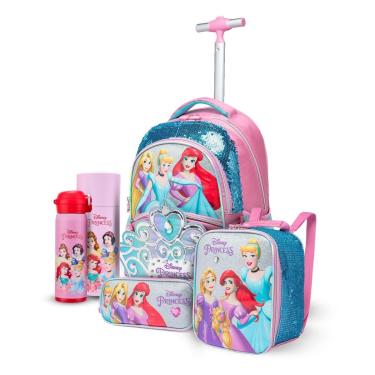 Imagem de Kit Escolar Princesas Disney Mochila Rodinha Garrafa 480ml Lancheira Térmica Estojo Duplo-Feminino
