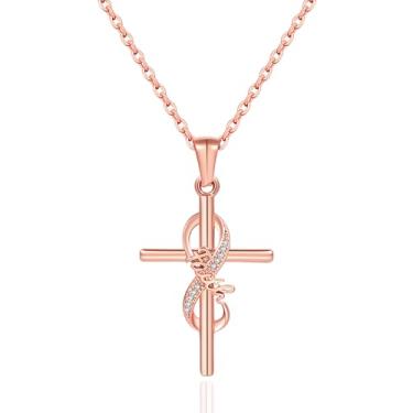 Imagem de DS Colar de cruz de fé para mulheres – Colar com pingente de crucifixo de aço inoxidável banhado a ouro 18K | Joias religiosas para presente para mãe, irmã e amiga (Dia das Mães, aniversário